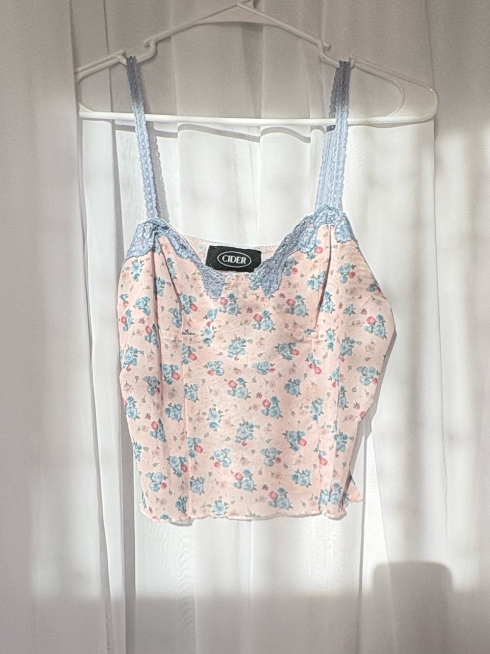 Pink Floral Lace-Trim Bustier Top with Blue Roses - Picture 3 of 3